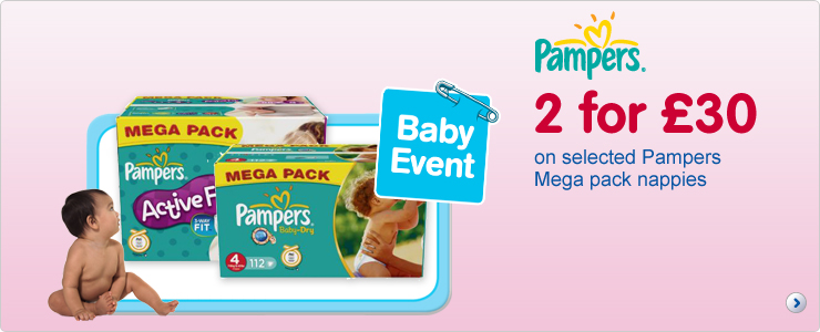 2 for £30 on selected Pampers mega box nappies